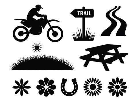 A collection of black silhouettes depicting outdoor recreational activities and nature