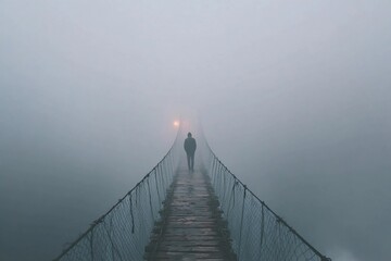 Obraz premium Person walks on a bridge in fog during early morning hours