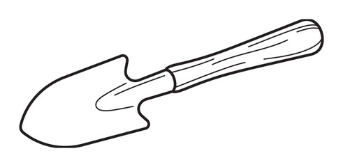 Obraz premium Small garden trowel hand tool illustrated with a bold black outline in a simple, minimalist sketch style, perfect for gardening concepts, icons, or coloring pages