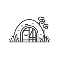 A detailed black and white illustration of a small house entrance