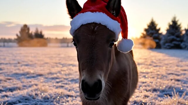 Cute foal wearing Santa hat in frosty winter field at sunrise