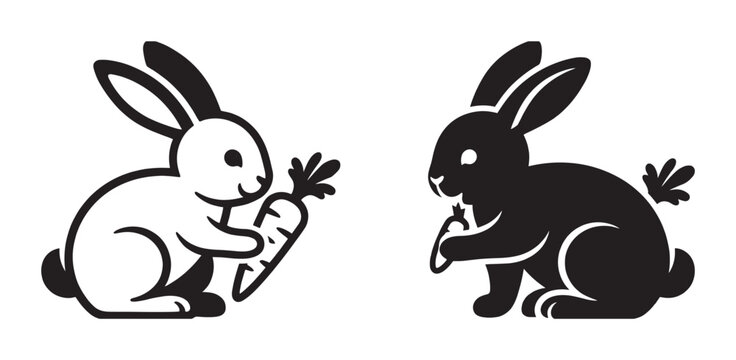 Two cute cartoon rabbits holding carrots in a simple black and white graphic illustration style, one as an outline and the other as a solid silhouette for a logo or icon