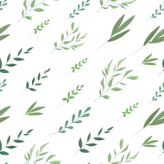 Obraz premium Botanical seamless pattern with hand drawn leaves and branches, minimalistic and light. Colors palette is green and white, flat design. Use it as wallpaper, tablecloth, cover, textiles, fabric