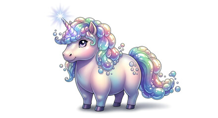 Fototapeta premium Cute cartoon unicorn with a rainbow mane and a sparkling horn, isolated on white.
