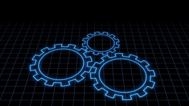 Three Neon Blue Gears Interlocking on a Grid Background cogs