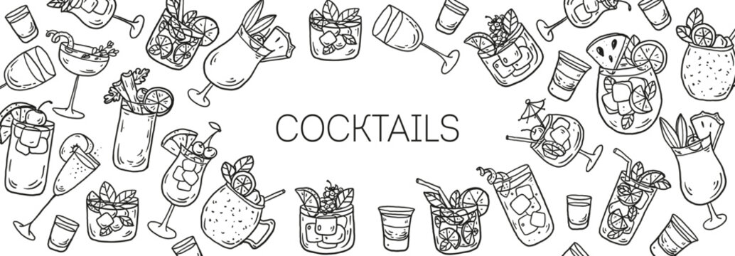 Hand drawn cocktail sketch frame . Whimsical food and drink doodles set. Hand drawn vector illustration for menu, packaging design. Cocktails quirky icons, simple sketch style. Minimalist line art.