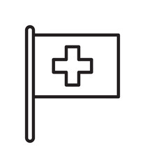 Obraz premium Medical first aid flag icon with a cross symbol in a minimalist black line art style, representing healthcare, emergency services, and hospital assistance on a flagpole