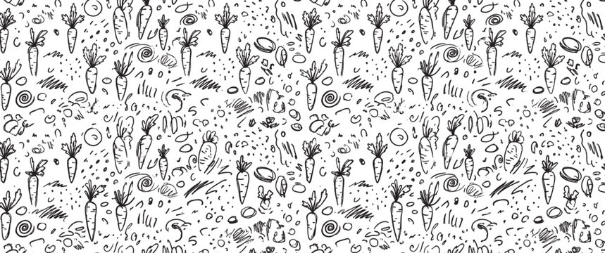 Hand drawn black and white carrot pattern with sketchy vegetable doodles and abstract scribbles in a seamless, repeating design perfect for textile or wallpaper prints