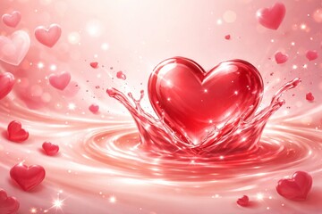 Love in motion red heart splashing in water romantic scene soft pink background artistic view concept of passion