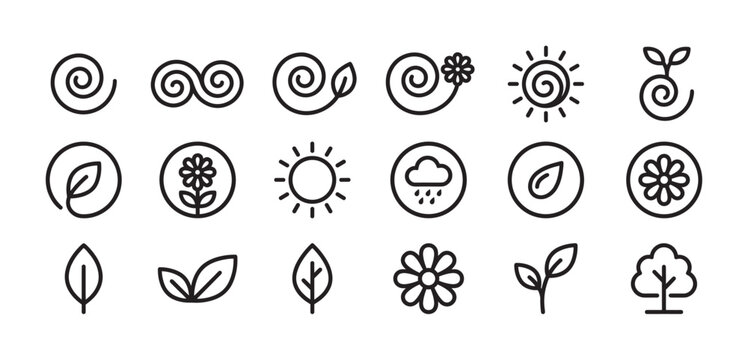Collection of black line art nature icons representing ecology and weather, featuring minimalist symbols for sun, flower, leaf, rain, tree, and organic growth concepts