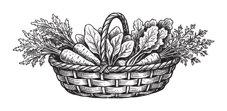 Hand-drawn wicker basket of fresh vegetables, including carrots and leafy greens, is depicted in a detailed black and white vintage sketch style illustration of a healthy harvest