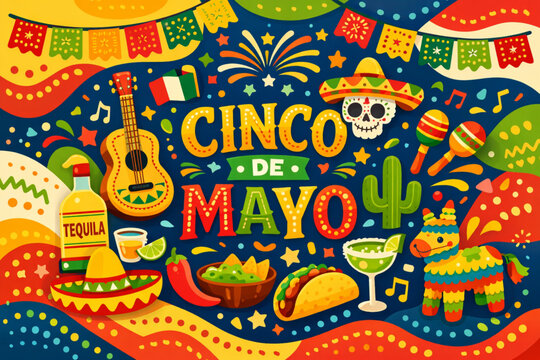 A vibrant illustration celebrating Cinco de Mayo with colorful decorations and festive elements
