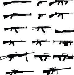 Comprehensive collection of professional tactical military weapon silhouettes including assault rifles, sniper rifles, machine guns, shotguns, and pistols for defense and warfare design AI Generative
