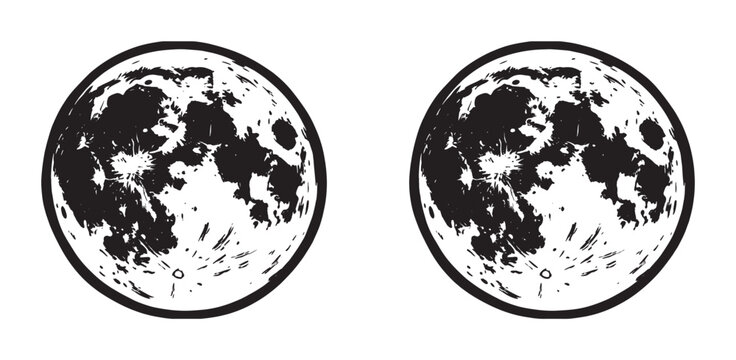 Two hand-drawn full moon graphic illustrations in black and white, showing detailed celestial craters and surface texture in a bold, monochrome linocut design
