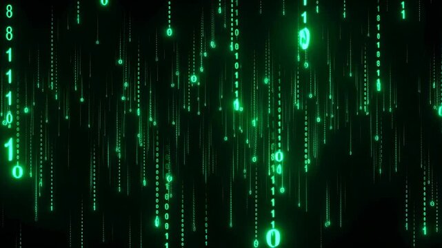 Green binary code rain animation. Represents digital data flow, technology, and the essence of information in the digital age