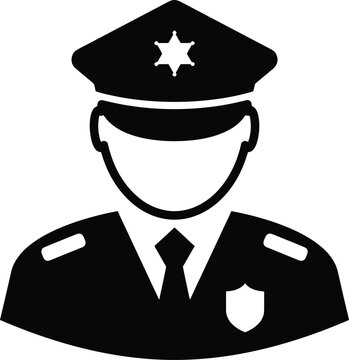 Minimalist black and white silhouette icon of a professional police officer in uniform with a peaked cap and shield badge representing law enforcement security and authority avatar. AI Generative
