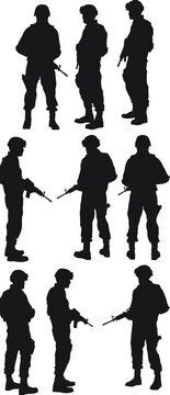 Silhouette collection of professional military soldiers in various tactical standing poses with rifles and full combat gear representing army infantry readiness and national defense. AI Generative
