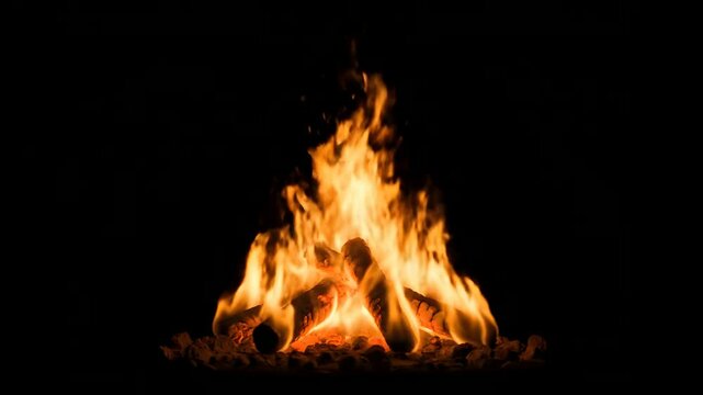 Cozy campfire burns with warm, flickering orange flames, illuminating stacked logs on glowing embers and creating an inviting ambiance on a solid black background