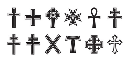 Fototapeta premium Collection of twelve various religious cross symbols, including Latin, Celtic, Orthodox, and Ankh, presented as a set of black graphic icons for spiritual and faith concepts