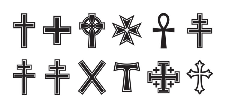 Collection of twelve various religious cross symbols, including Latin, Celtic, Orthodox, and Ankh, presented as a set of black graphic icons for spiritual and faith concepts