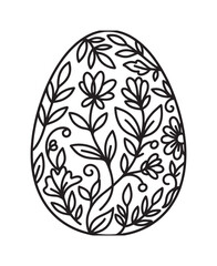 Fototapeta premium Black and white line art Easter egg decorated with an intricate floral pattern of hand-drawn flowers, leaves, and swirling vines, presented as a simple contour illustration for spring holidays