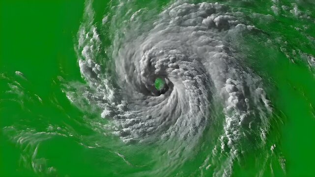 Massive hurricane spinning from above, with a dramatic rotating vortex of thick clouds forming a distinct eye, isolated on a green screen for chroma keying