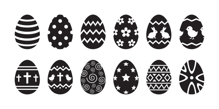 Set of twelve black and white Easter egg icons featuring various decorative patterns including bunnies, chicks, crosses, flowers, stars, stripes, and polka dots for a festive holiday