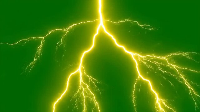 Yellow lightning bolt with multiple forks striking intensely against a solid green screen background, ideal for chroma key compositing and special effects work