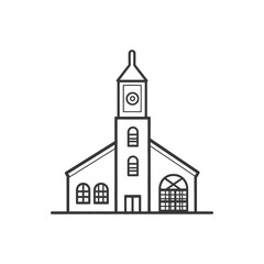 A detailed black and white drawing of a building with a tower