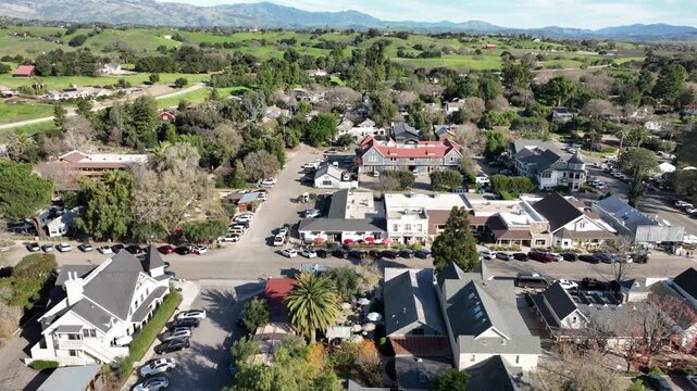 Los Olivos, California, USA &ndash; Aerial View of Downtown Grand Avenue Featuring Restaurants, Wine Tasting Rooms, and Boutique Shops in the Santa Ynez Valley Near Highway 154 in Santa Barbara County