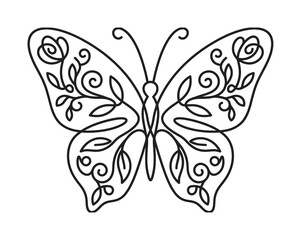 Decorative black line art butterfly with intricate floral patterns on its wings, featuring elegant swirls, leaves, and roses in a beautiful symmetrical design for coloring or tattoo