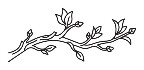 Obraz premium Black line art tree branch with delicate leaves and small buds rendered in a simple, elegant, and minimalist contour drawing style for a natural and organic feel