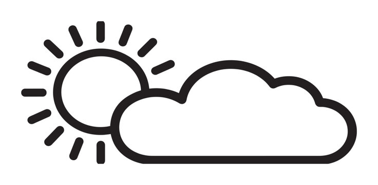 Black weather icon of a sun partially hidden by a cloud representing a partly sunny forecast in a simple, minimalist line art style for meteorological reports