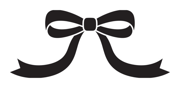 Black silhouette illustration of a decorative ribbon bow with two loops and flowing tails, presented in a simple, minimalist graphic style for festive occasions