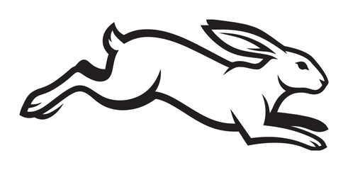 Obraz premium Black and white stylized rabbit illustration running swiftly in a dynamic leaping pose, showcasing speed and agility with bold, clean lines in a simple graphic design style