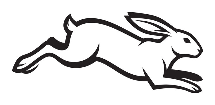 Black and white stylized rabbit illustration running swiftly in a dynamic leaping pose, showcasing speed and agility with bold, clean lines in a simple graphic design style
