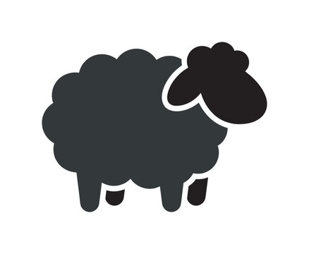 Black sheep icon with a fluffy woolly body and simple features is rendered in a minimalist vector style, symbolizing livestock, agriculture, or individuality