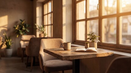Fototapeta premium Warm sunlight streaming through a window onto a wooden table with a book and coffee mug.