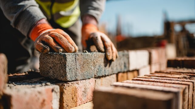 Construction worker hands carefully placing brick, showcasing the art of bricklaying 