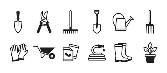 Obraz premium Set of black gardening tool icons including a shovel, rake, watering can, wheelbarrow, and gloves, presented in a simple, clean, and minimalist line art vector style