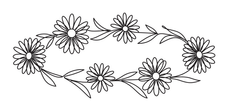 Black and white floral border with daisies drawn in a simple line art style, creating an elegant and delicate decorative frame with chamomile flowers and leaves in a minimalist design
