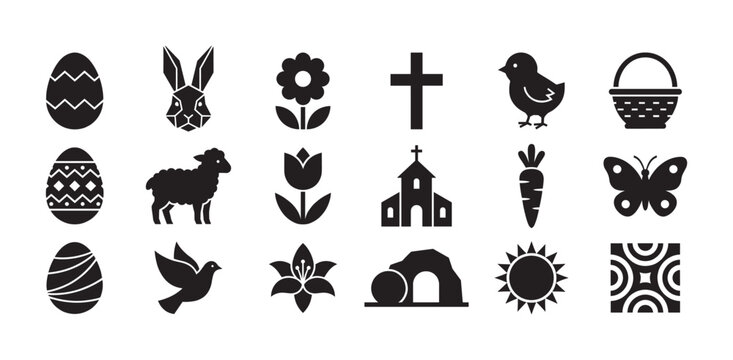 Collection of black Easter holiday icons featuring religious and spring symbols like a cross, church, lamb, bunny, egg, and chick in a simple flat glyph silhouette style
