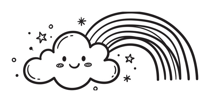 Cute hand-drawn smiling cloud character with a rainbow and stars in a whimsical black and white doodle style illustration for children's art or coloring book pages