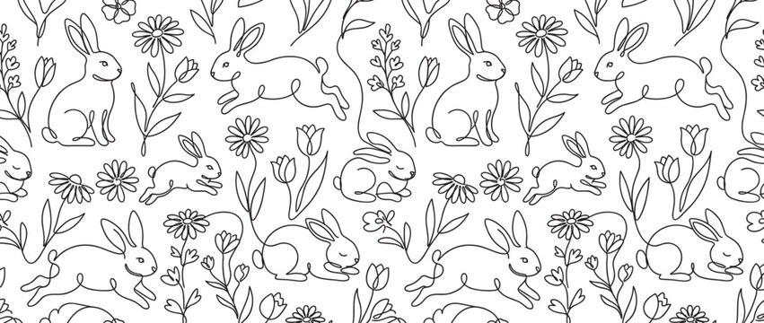 Seamless black and white one line pattern with cute Easter bunnies and spring flowers like tulips and daisies, a minimalist hand-drawn illustration for textile or wallpaper design