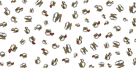 Fototapeta premium Cute cartoon sushi rolls and bowls with chopsticks scattered on white background pattern