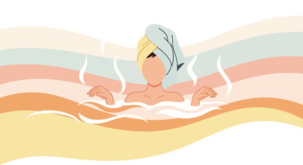 Fototapeta premium Relaxing Bath With Steam And Towel Wrapped Head