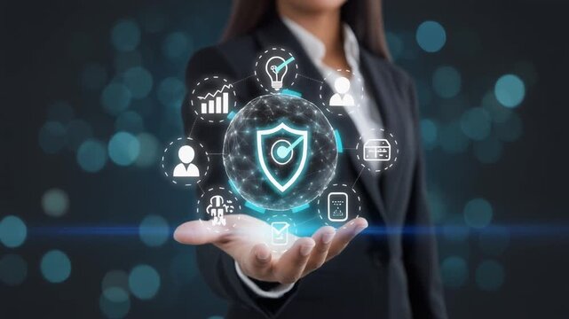 "Business professional presents holographic shield interface with glowing icons of security, analytics, and cloud, symbolizing digital protection, cybersecurity, and futuristic business intelligence t