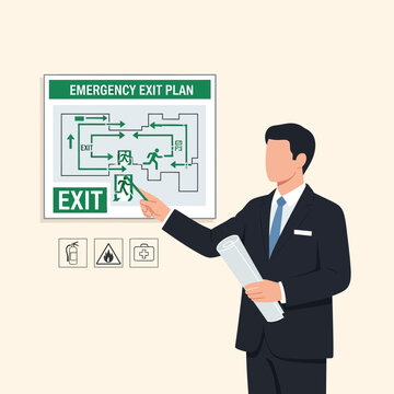 Professional Guide Explaining Emergency Exit Plan With Safety Symbols