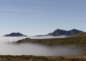 Spectacular Snowdonia view with mountains and cloud inversion weather, the best views in the UK