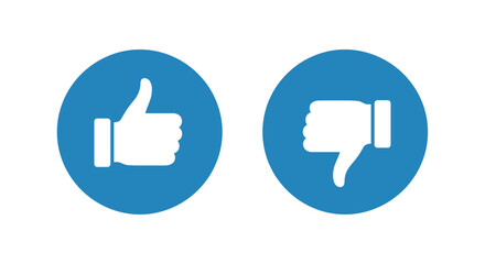 Obraz premium Pair of blue circular icons featuring white thumbs-up and thumbs-down symbols with long shadows on a white background.